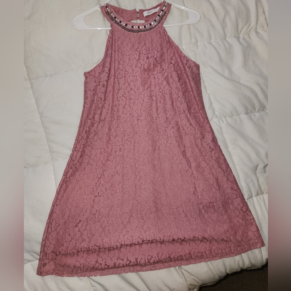 pink sleeveless lace dress with beaded collar